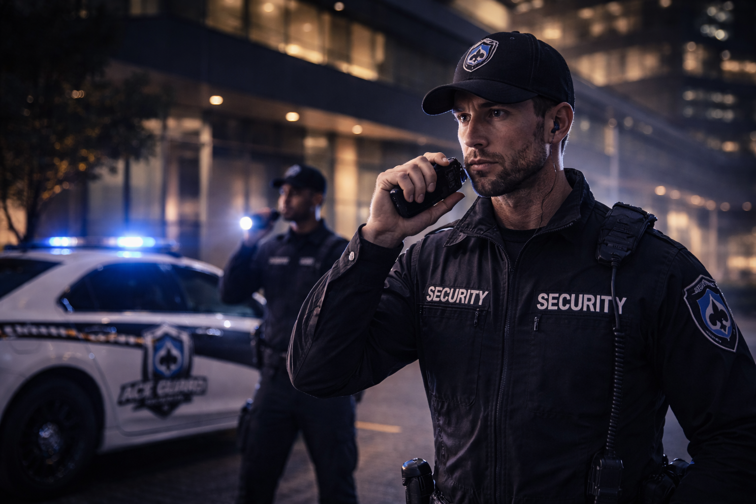 Ace Guard Security officer standing watch at twilight, protecting commercial property